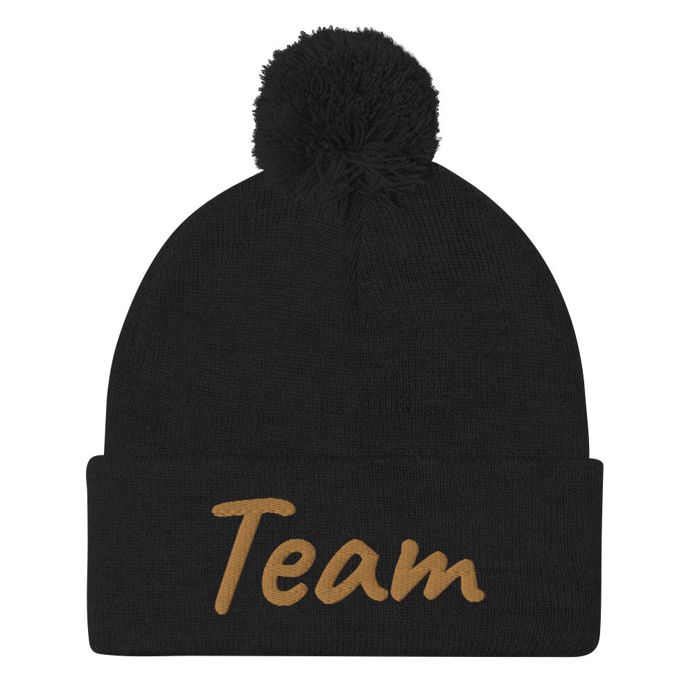 Team In Celluloid Embroidery on Pom Pom Beanie