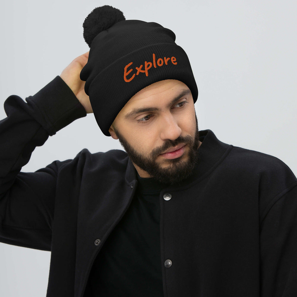 Explore In Amber Embroidery on Pom Pom Beanie