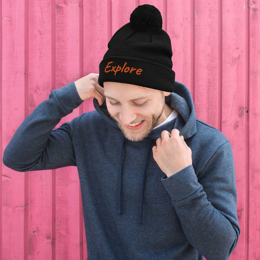 Explore In Amber Embroidery on Pom Pom Beanie