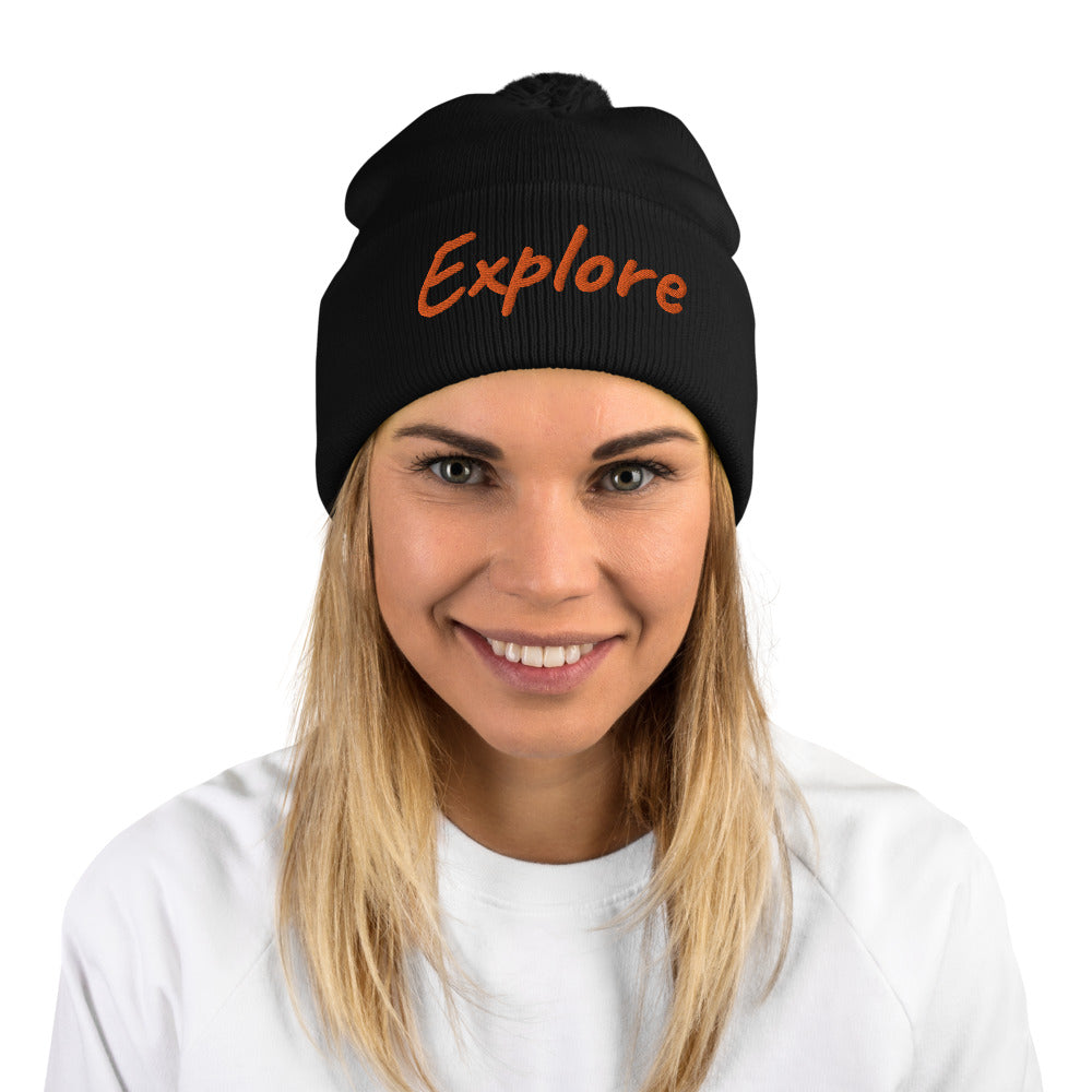 Explore In Amber Embroidery on Pom Pom Beanie