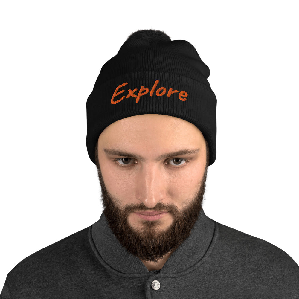 Explore In Amber Embroidery on Pom Pom Beanie