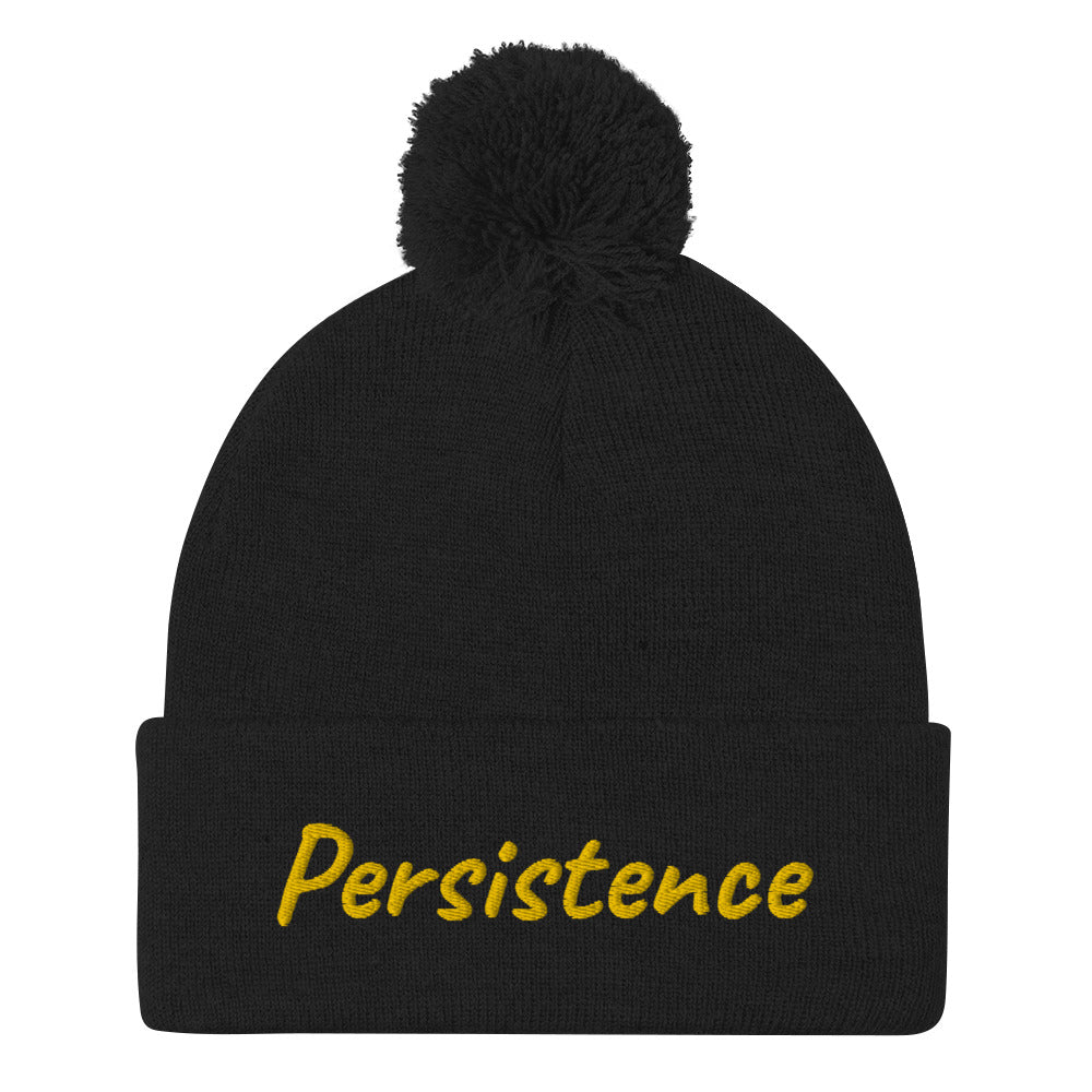 Persistence In Gold Embroidery on Pom Pom Beanie