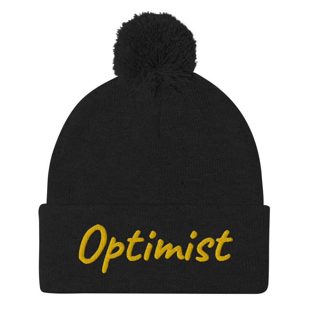 Optimist In Gold Embroidery on Pom Pom Beanie