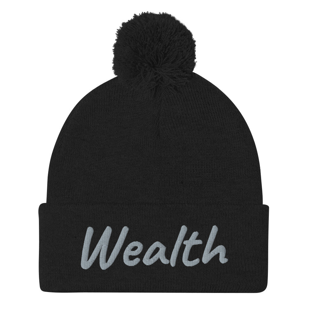 Wealth In Silver Embroidery on Pom Pom Beanie