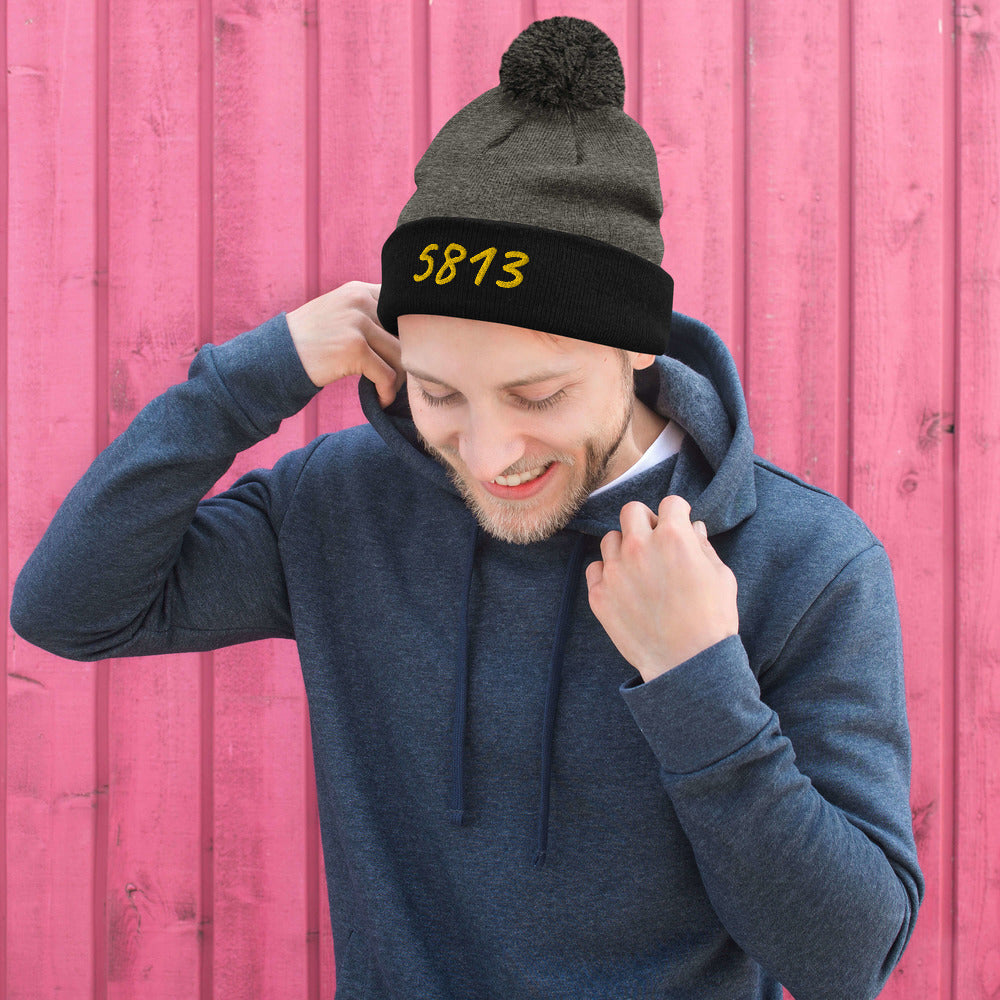 5813 In Gold Embroidery on Pom Pom Beanie