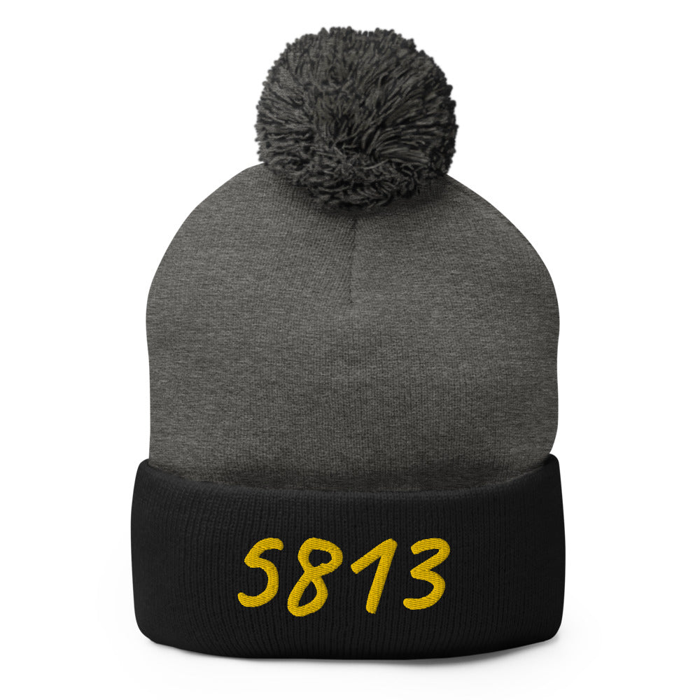 5813 In Gold Embroidery on Pom Pom Beanie