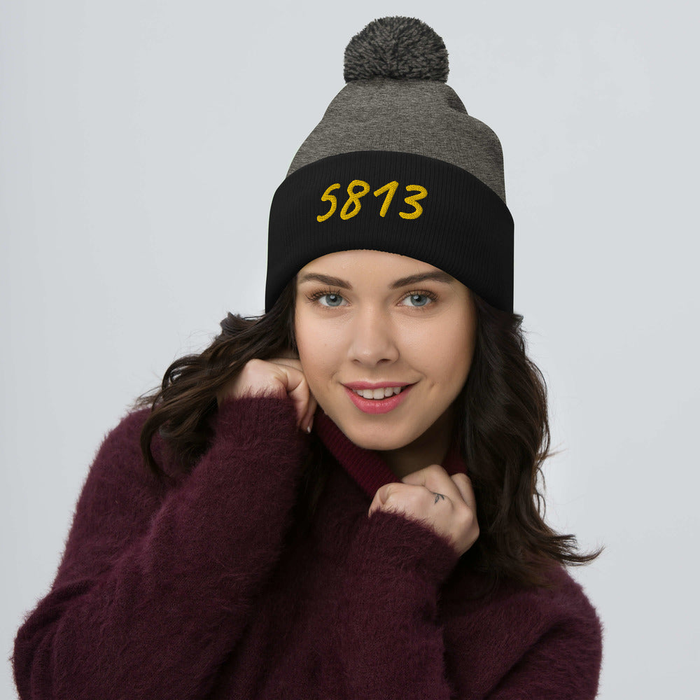 5813 In Gold Embroidery on Pom Pom Beanie