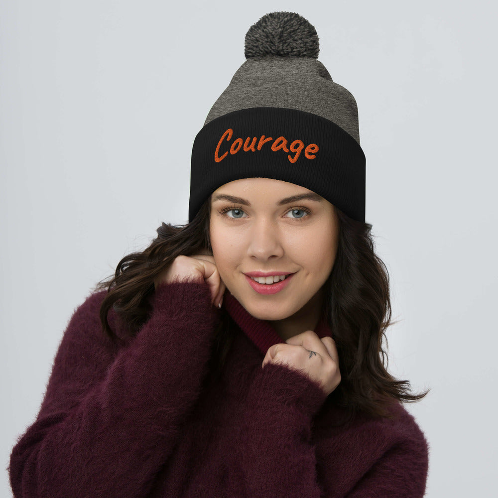 Courage In Amber Embroidery on Pom Pom Beanie