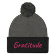 Gratitude In Star Rose Quartz Embroidery on Pom Pom Beanie