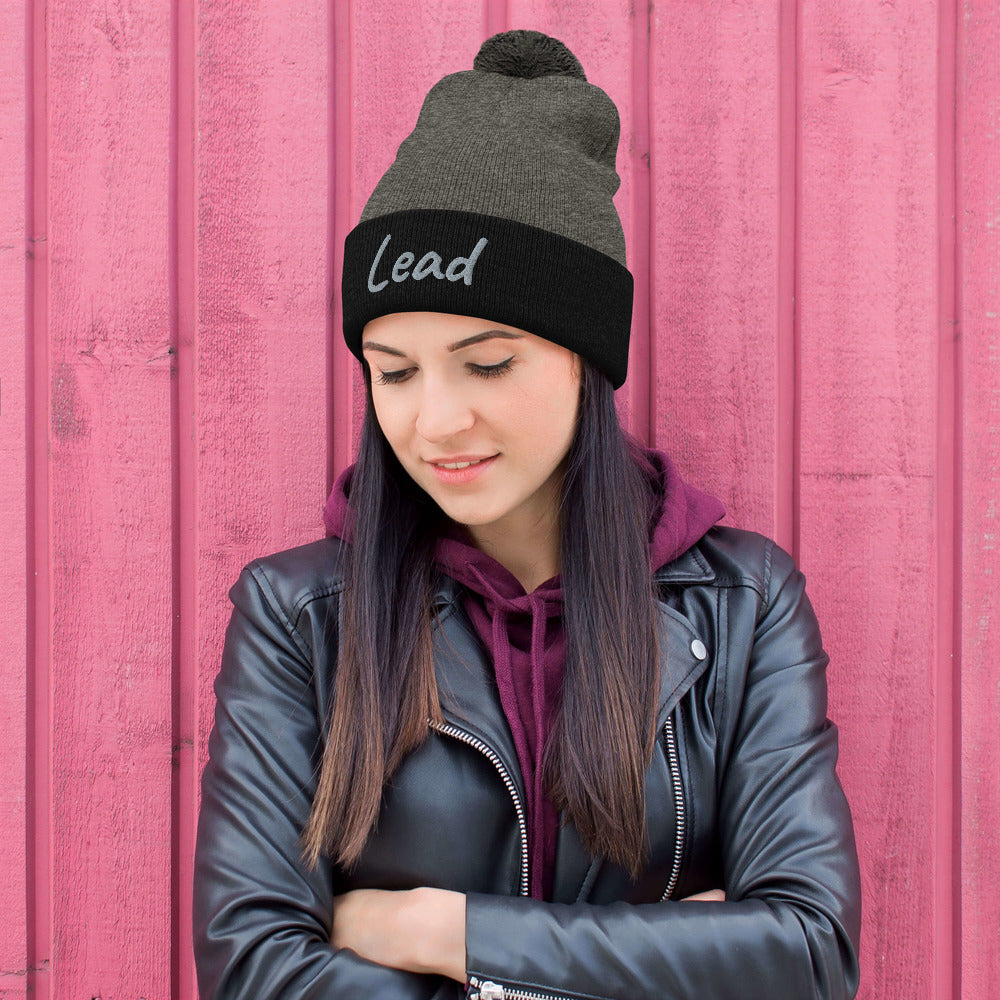 Lead In Silver Embroidery on Pom Pom Beanie