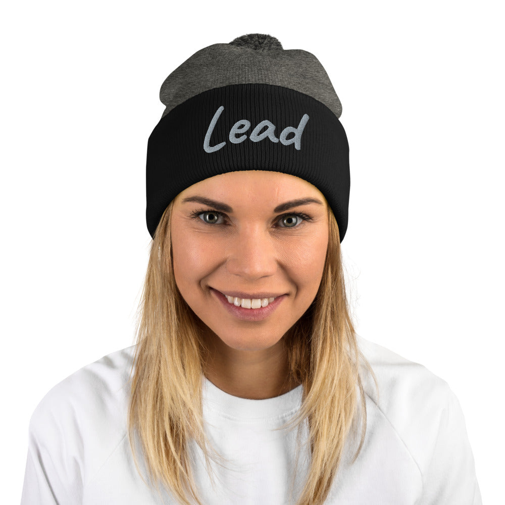 Lead In Silver Embroidery on Pom Pom Beanie