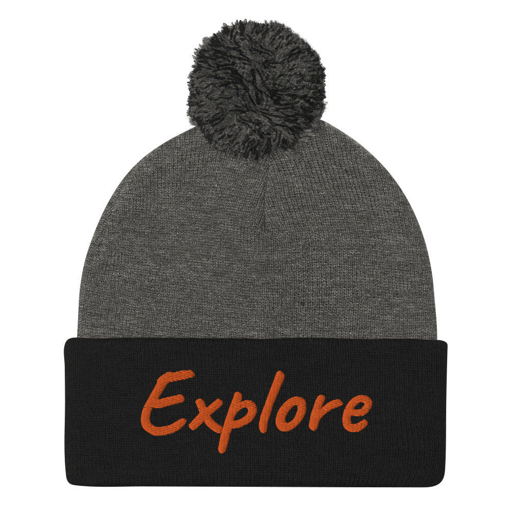 Explore In Amber Embroidery on Pom Pom Beanie