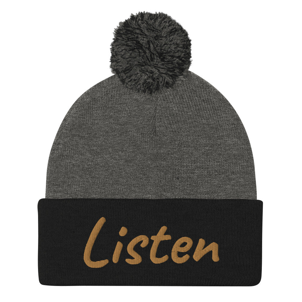 Listen In Copper Embroidery on Pom Pom Beanie