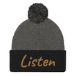 Listen In Copper Embroidery on Pom Pom Beanie