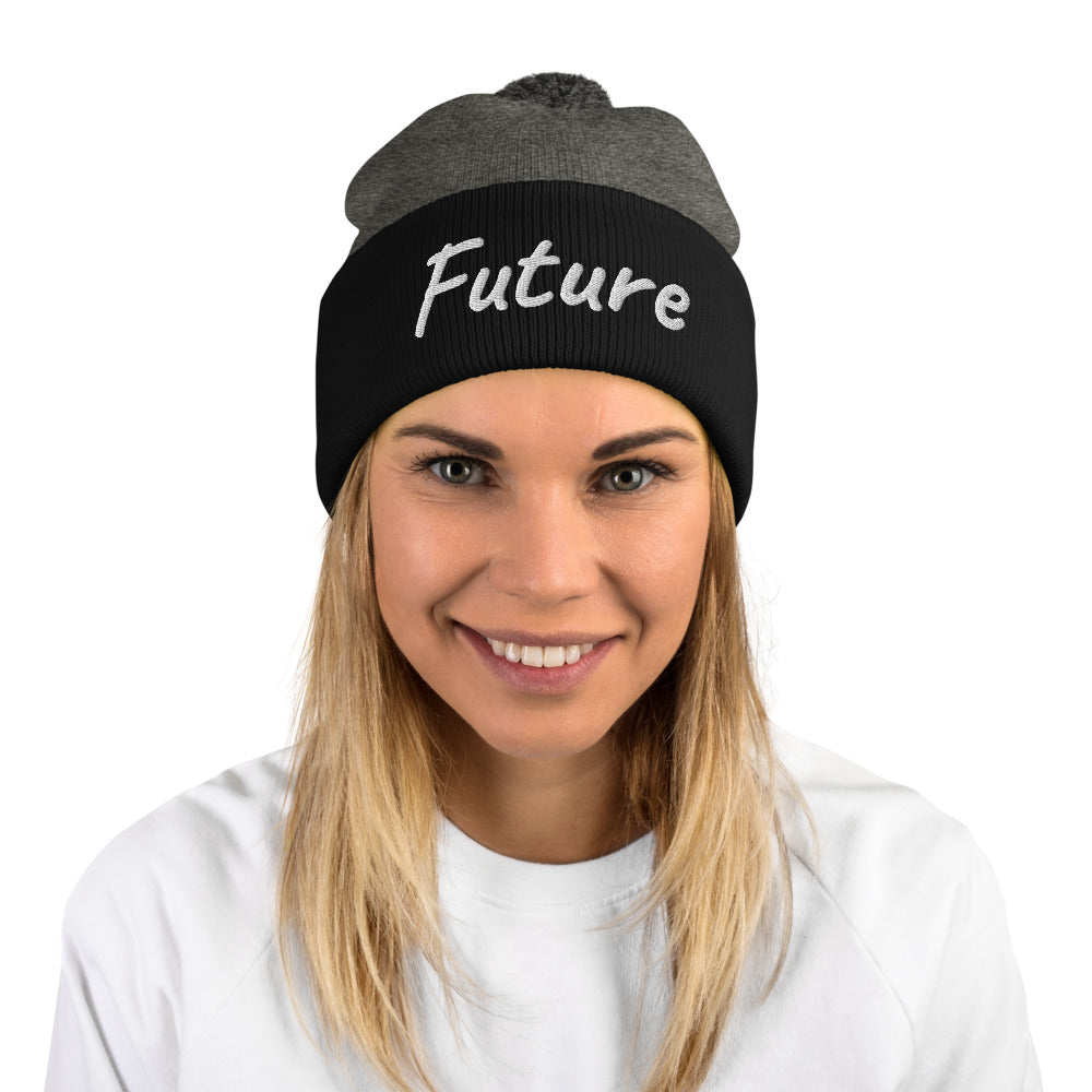 Future In Pearl Embroidery on Pom Pom Beanie