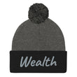 Wealth In Silver Embroidery on Pom Pom Beanie