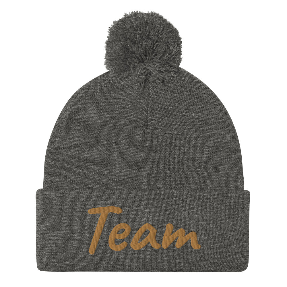 Team In Celluloid Embroidery on Pom Pom Beanie