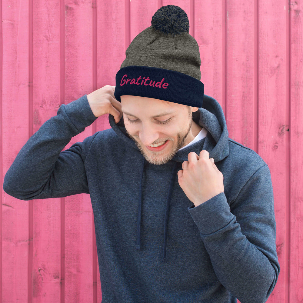 Gratitude In Star Rose Quartz Embroidery on Pom Pom Beanie