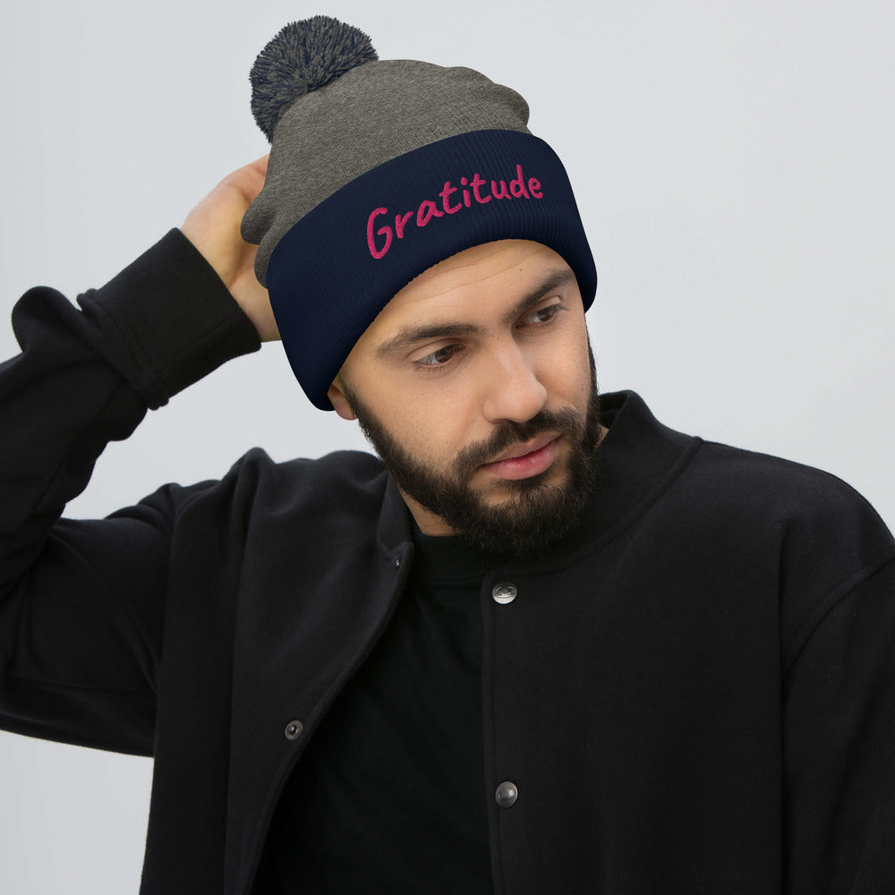 Gratitude In Star Rose Quartz Embroidery on Pom Pom Beanie