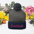 Gratitude In Star Rose Quartz Embroidery on Pom Pom Beanie