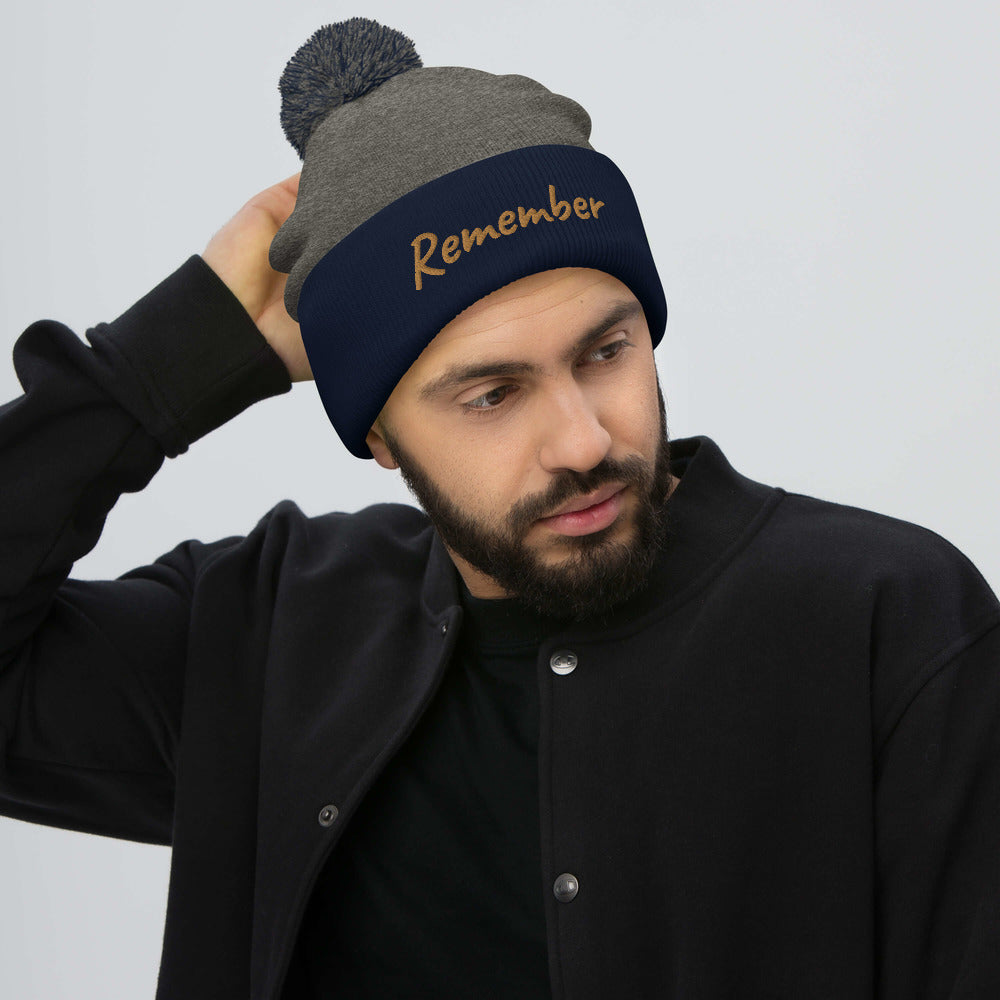 Remember In Celluloid Embroidery on Pom Pom Beanie