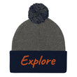 Explore In Amber Embroidery on Pom Pom Beanie