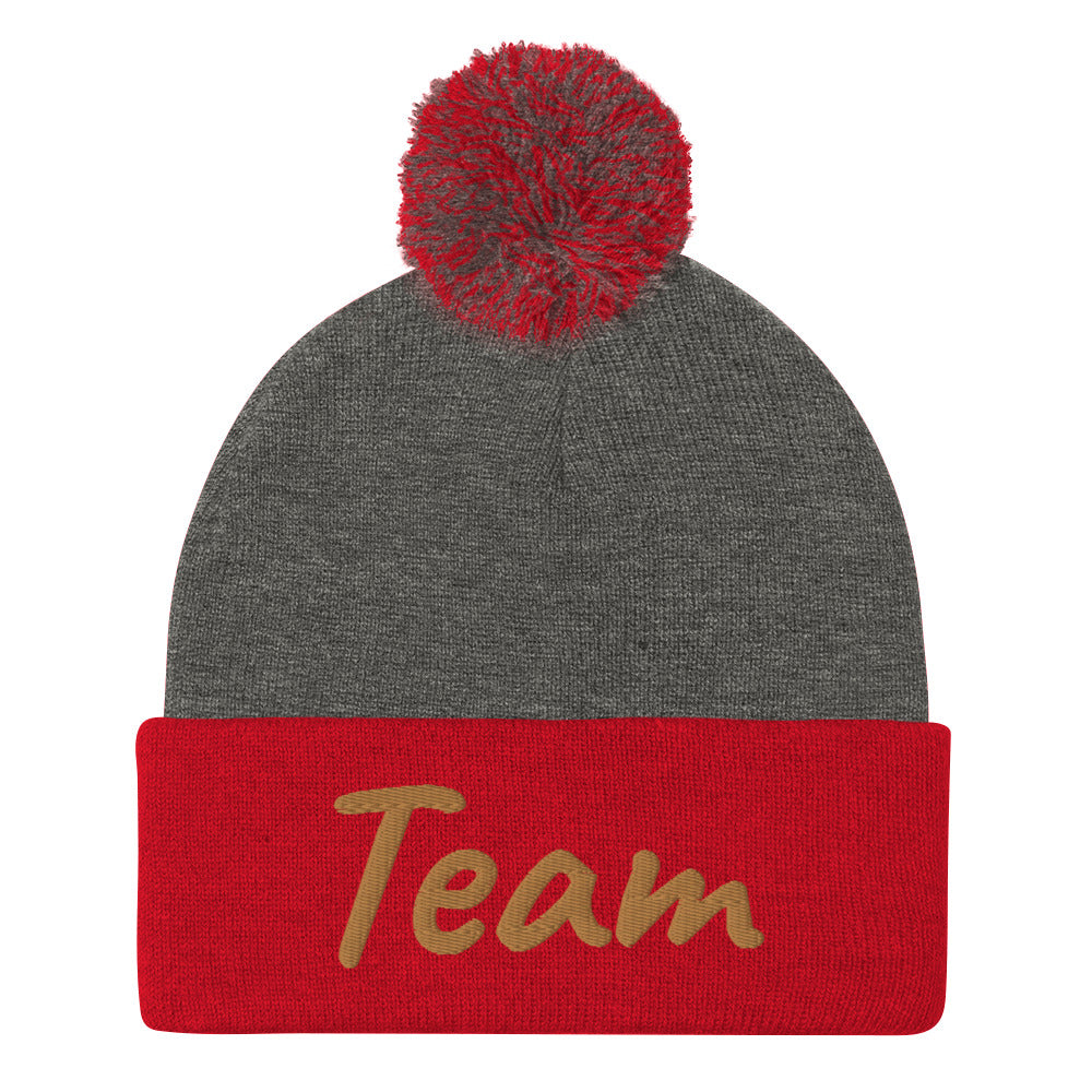 Team In Celluloid Embroidery on Pom Pom Beanie