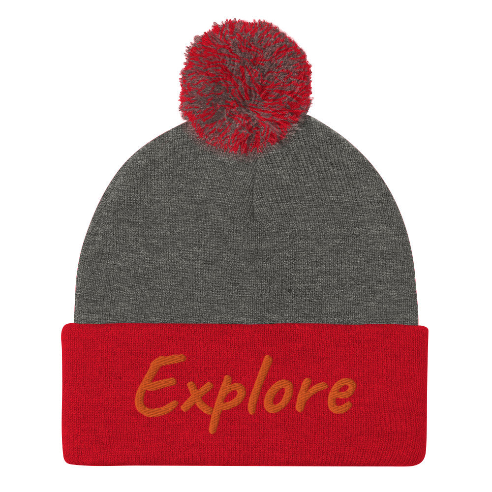 Explore In Amber Embroidery on Pom Pom Beanie