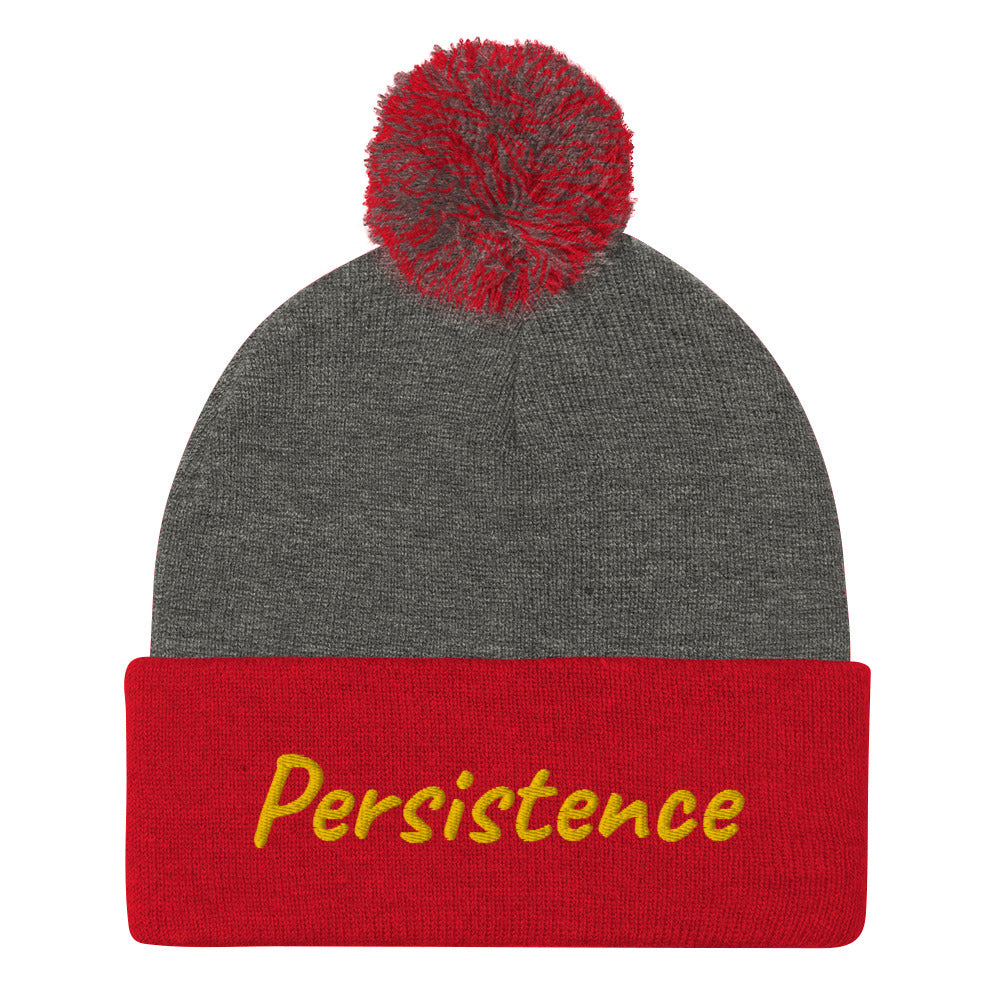 Persistence In Gold Embroidery on Pom Pom Beanie