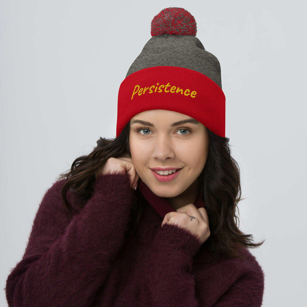 Persistence In Gold Embroidery on Pom Pom Beanie