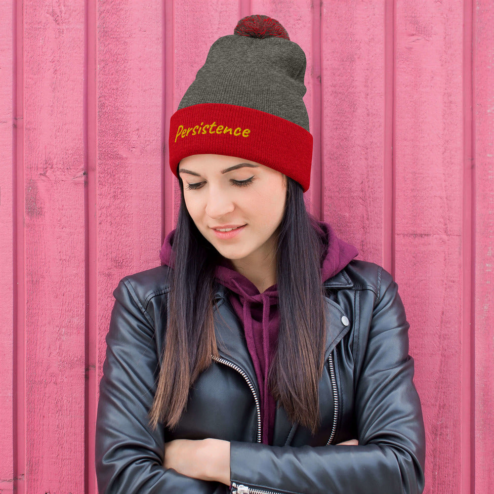 Persistence In Gold Embroidery on Pom Pom Beanie