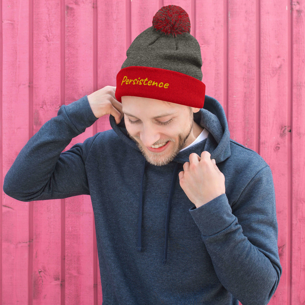 Persistence In Gold Embroidery on Pom Pom Beanie