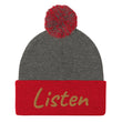 Listen In Copper Embroidery on Pom Pom Beanie