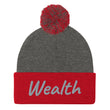 Wealth In Silver Embroidery on Pom Pom Beanie