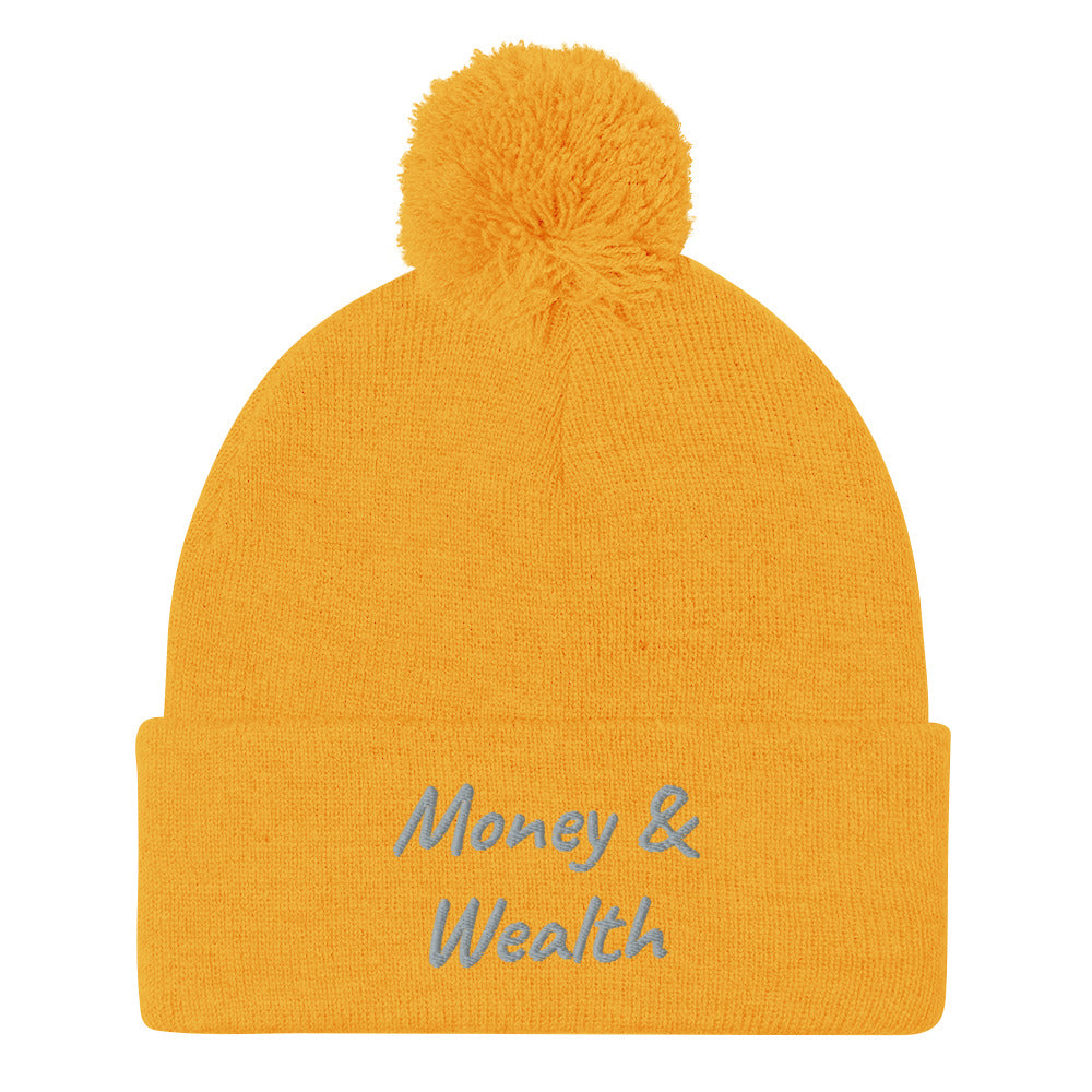 Money & Wealth In Silver Embroidery on Pom Pom Beanie