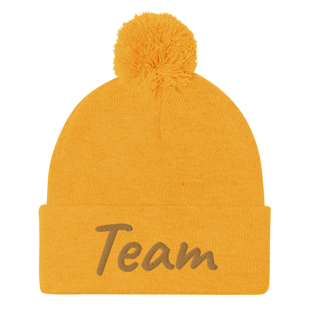 Team In Celluloid Embroidery on Pom Pom Beanie