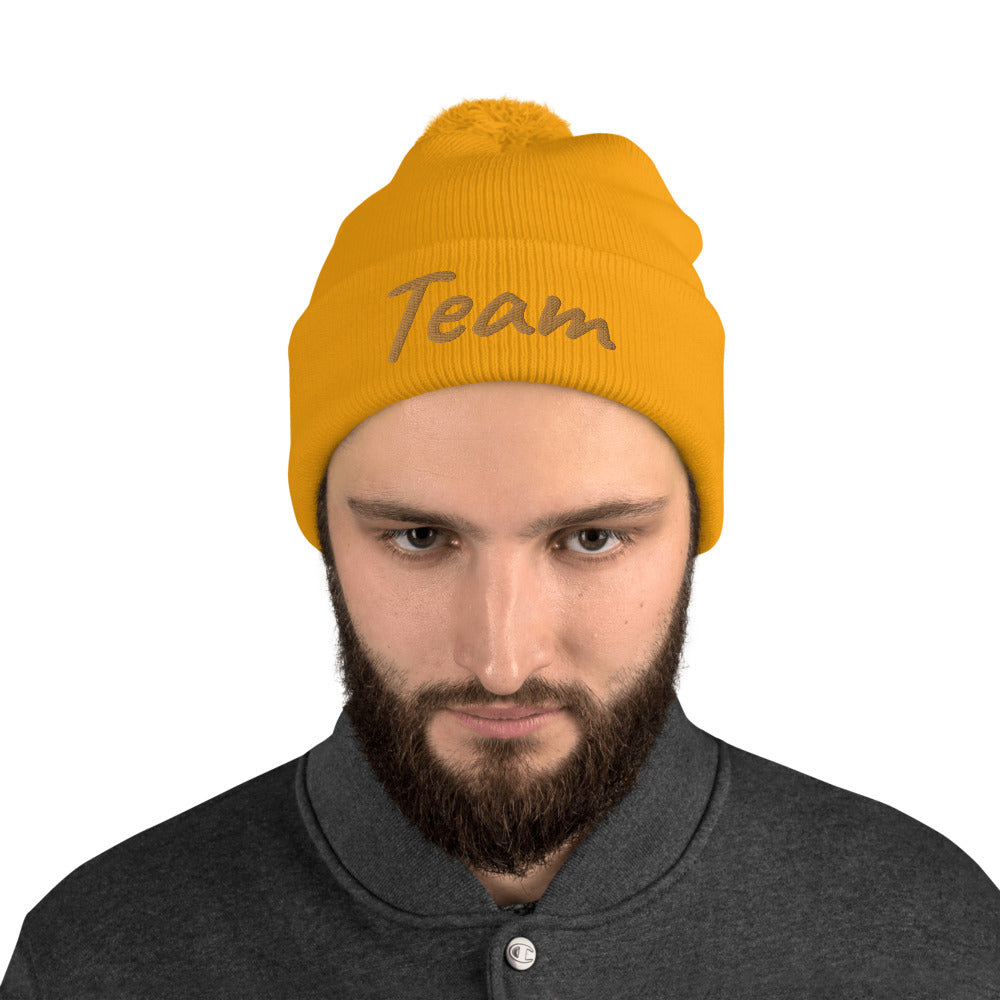 Team In Celluloid Embroidery on Pom Pom Beanie