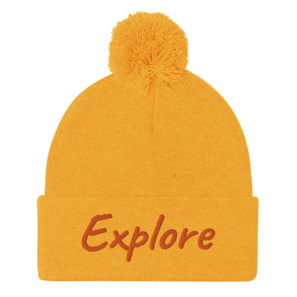 Explore In Amber Embroidery on Pom Pom Beanie