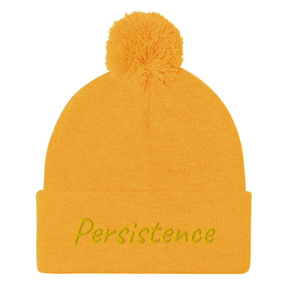 Persistence In Gold Embroidery on Pom Pom Beanie