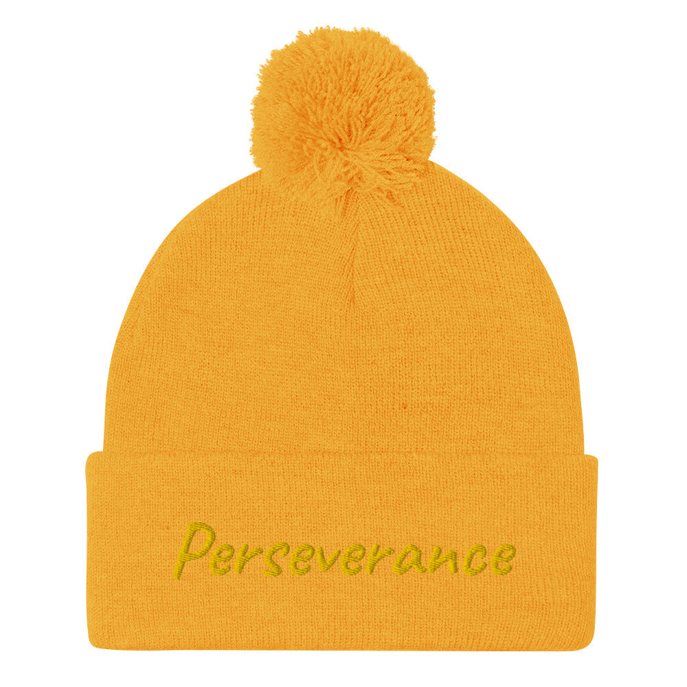 Perseverance In Gold Embroidery on Pom Pom Beanie