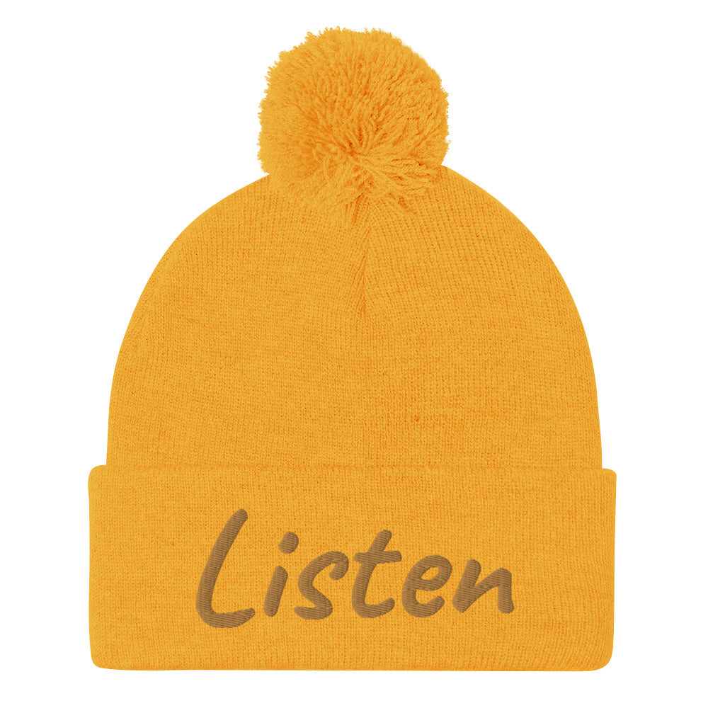 Listen In Copper Embroidery on Pom Pom Beanie