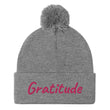 Gratitude In Star Rose Quartz Embroidery on Pom Pom Beanie