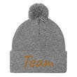 Team In Celluloid Embroidery on Pom Pom Beanie