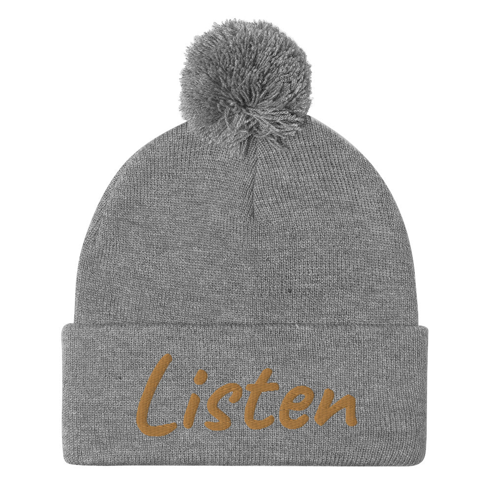 Listen In Copper Embroidery on Pom Pom Beanie