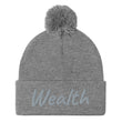 Wealth In Silver Embroidery on Pom Pom Beanie