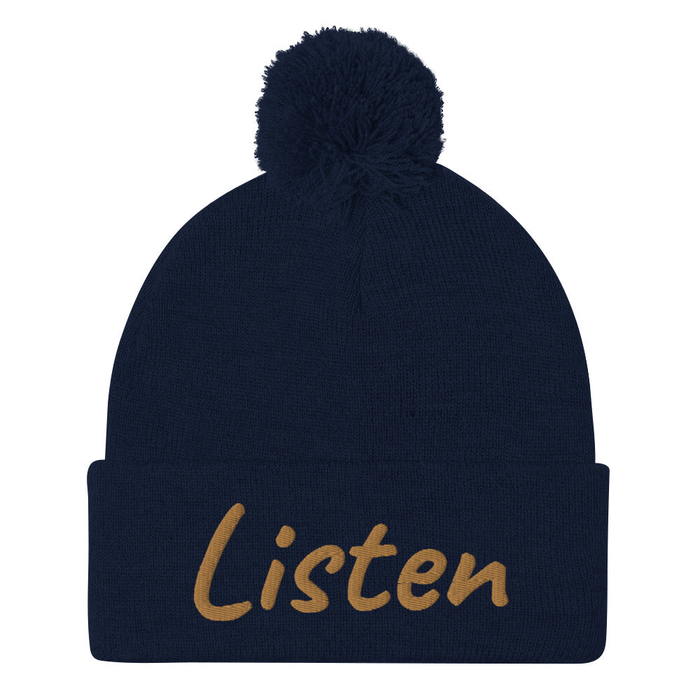 Listen In Copper Embroidery on Pom Pom Beanie