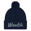 Wealth In Silver Embroidery on Pom Pom Beanie