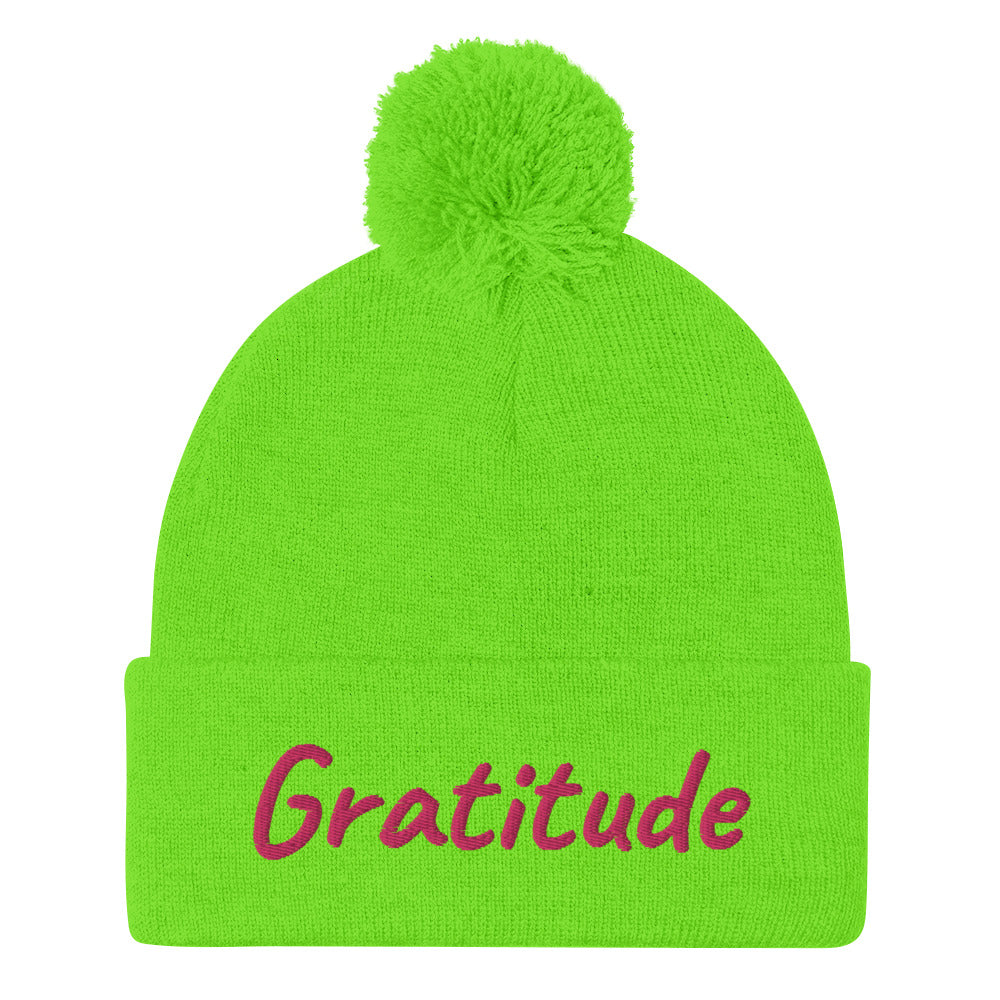 Gratitude In Star Rose Quartz Embroidery on Pom Pom Beanie