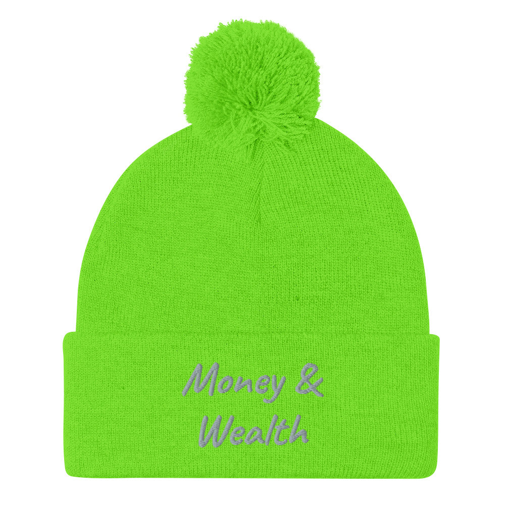 Money & Wealth In Silver Embroidery on Pom Pom Beanie