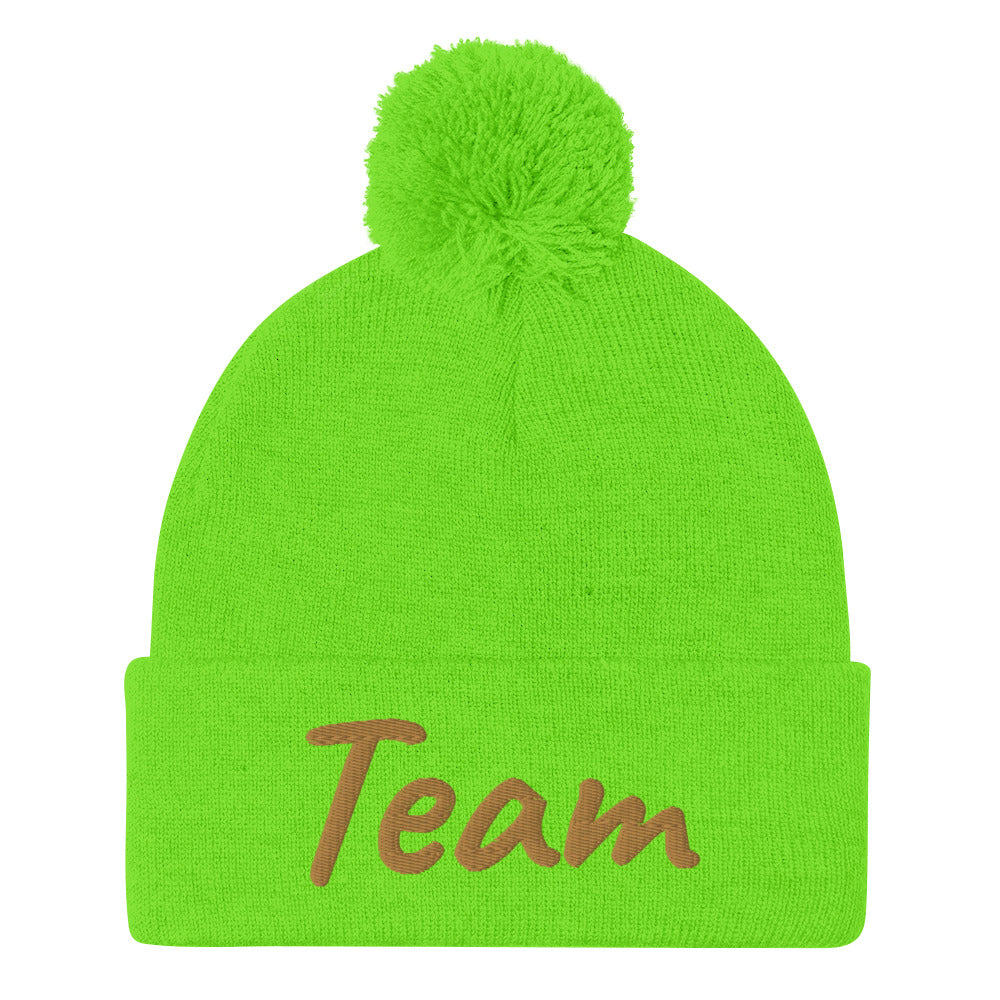 Team In Celluloid Embroidery on Pom Pom Beanie